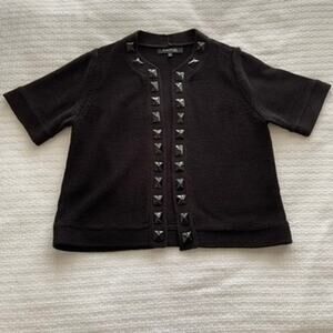 PXL Evan Picone Black Beaded Open-Front Short-Sleeve Cardigan